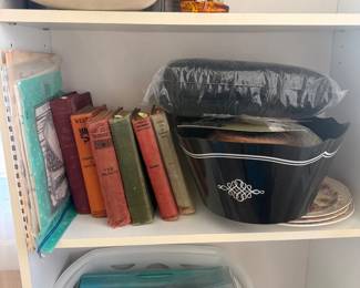 Lot 7312939: Vintage Hardcover Books, Black Hat Box & Plaid Cushion Grouping