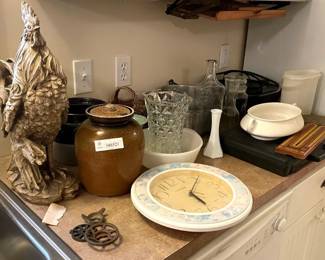 Lot 7313664: Lidded Stoneware Crock, Rooster Statue & Kitchen Grouping