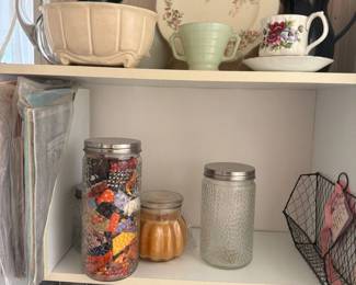 Lot 7312912: Hobnail Glass Storage Jars, Wire Basket & Craft Supplies