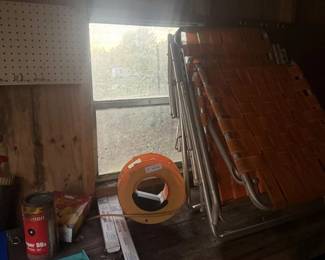 Lot 7313781: Orange Extension Cord Reel & Shed Shelf Items