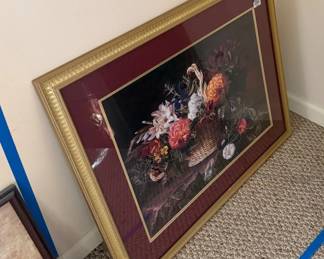 Lot 7312930: Framed Floral Still Life Print, Gold Frame & Burgundy Mat