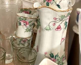 Lot 7313661: Hand-Painted Japan Chocolate Pot & Etched Glass Stemware Grouping
