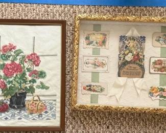 Lot 7312903: Victorian Valentine Shadow Box & Framed Floral Cross-Stitch