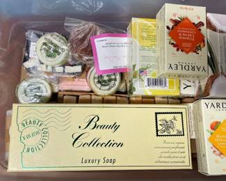 Lot 7312529: Storage Tote Group incl. Yardley Soaps, Greeting Cards & Dishcloths