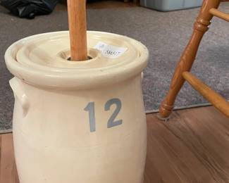 Lot 7313669: 12-Gallon Stoneware Butter Churn w/ Lid & Wooden Dasher
