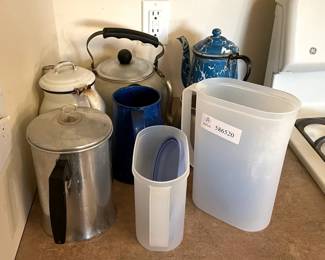 Lot 7313663: Blue Swirl Graniteware Coffee Pot Grouping w/ Kettles & Pitchers