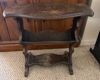 Lot 7312636: Antique Wood Magazine Table & Black 3-Tier Book Rack - 2 Pieces