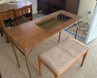 Lot 7312908: Vintage Wood Desk Table with Cutout & Padded Bench