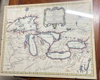 Lot 7312524: Framed Bellin 1755 Great Lakes Map Repro & Folk Art Group