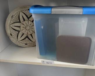 Lot 7313758: Clear Storage Tote with Blue Handle Lid & Padded Cushion