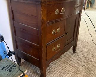 Lot 7312655: Antique Oak Washstand Commode 3 Drawers, Door & Brass Pulls