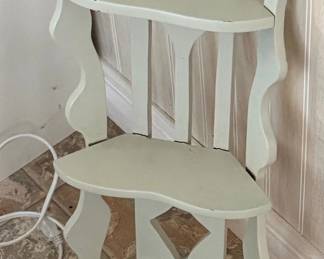 Lot 7312940: Painted Two-Tier Wood Shelf, Wicker Basket, Fan & Sewing Ruler