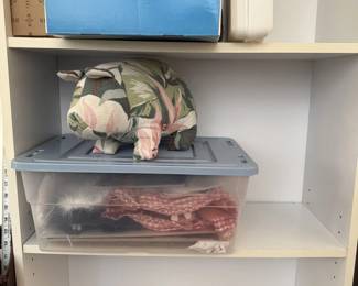 Lot 7313764: Floral Fabric Pig Figure on Blue Storage Tote with Gingham Linens