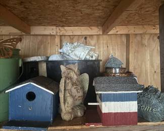 Lot 7313784: Painted Wood Birdhouses, Metal Pails & Shed Shelf Lot