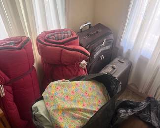 Lot 7312892: Luggage, Bedding & Crutches Group incl. Vintage Hardside Suitcase