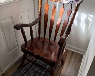 Lot 7312491: Vintage Virginia House Furniture - Solid Wood Floral Carved Spindle Back Rocking Chair w/ Markings