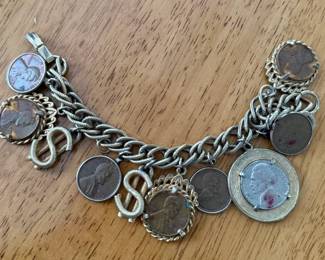 Lot 7312870: Vintage Lincoln Wheat Penny & Jefferson Nickel Coin Charm Bracelet with Dollar Sign Charms
