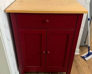 Lot 7312400: Burgundy Red Kitchen Storage Cabinet with Natural Wood Butcher Block Style Top