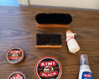 Lot 7312766: Vintage KIWI Shoe Polish & Shoe Care Collection with Condor Horsehair Brushes - 7 Pieces