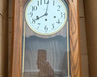 Lot 7312784: Seth Thomas Roxbury M Oak Wall Clock - Triple Chime Movement with Pendulum