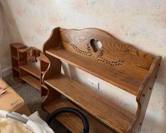 Lot 7312788: Pair of Rustic Wooden Display Shelves - Oak Heart Cutout & Pine Bow Accent Designs
