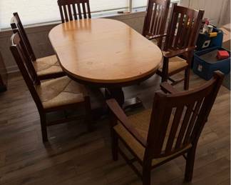 Lot 7312640: 7-Piece Mission Style Wood Dining Set - Oval Pedestal Table & Six Rush Seat Chairs