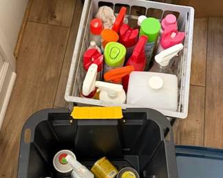 Lot 7312779: Large Assortment of Household Cleaning Supplies, Sprays, Detergents & Storage Totes