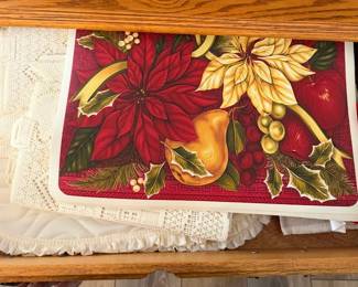 Lot 7312469: Assorted Holiday Table Linens, Christmas Placemats, Lace Doilies & Decorative Textiles