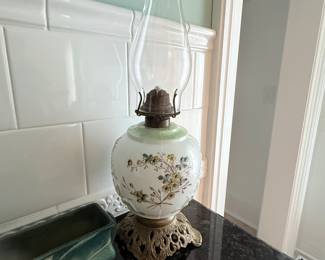 Antique Victorian Hand-Painted Milk Glass Oil Lamp