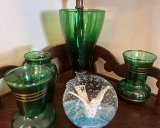 Vintage Green Glass Collection with Bird Paperweight