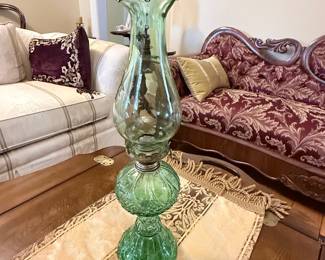 Vintage Green Pressed Glass Oil Lamp