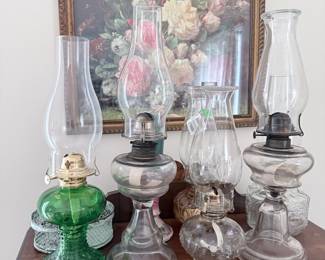 Collection of Five Vintage Glass Oil Lamps