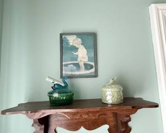Vintage Swan Covered Glass Dish and Ceramic Slipper Trinket Box on Wooden Wall Shelf
