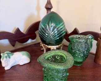 Vintage Green Glass Collection: Egg, Top Hat, and Pitcher