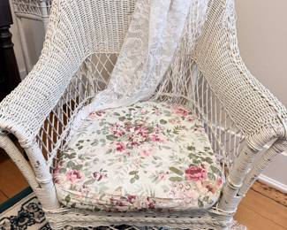 Vintage White Wicker Armchair with Floral Cushion