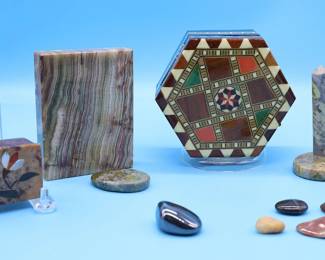 Vintage Boxes, Paperweight And Polished Stones