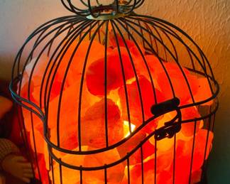 Lighted Salt Rock in Decorative Bird Cage