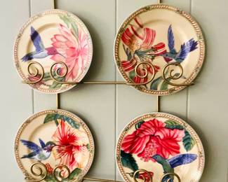 Four Hummingbird Plates and Holder