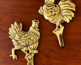 Vintage Brass Rooster & Hen Hooks