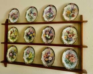 Vintage Flowered Egg Shaped Plates and Wooden Display