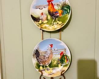 Two Decorative Rooster & Hen Plates with Holder