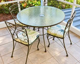 Vintage Wrought Iron Glass Top Patio Table & 4 Chairs