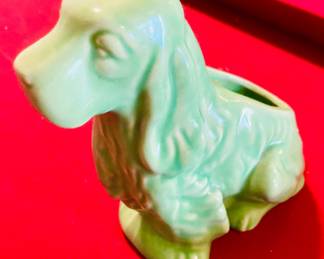 Vintage Green Pottery Spaniel Dog Planter