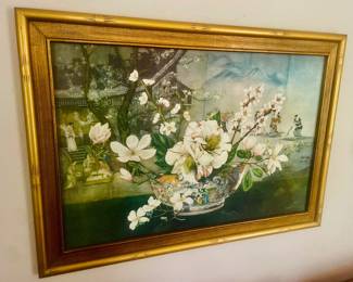 Vintage Asian Flower Themed, Gold Leaf Framed, Art Decor
