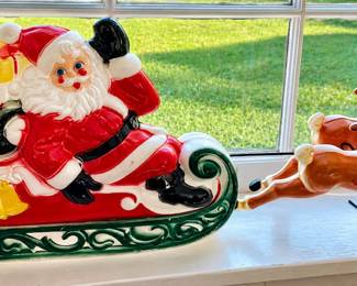 Vintage Blow Mold Santa in Sleigh & Reindeer