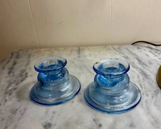 vintage blue pressed-glass candle holders