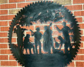 Rustic circular saw blade featuring a bluegrass band silhouette