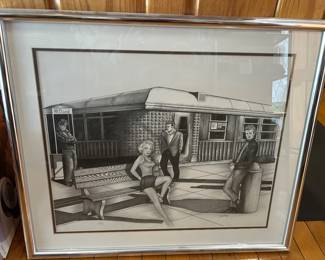 Framed Black-And-White Artwork Featuring A Nostalgic 1950s Diner Scene With Classic Hollywood-Inspired Figures