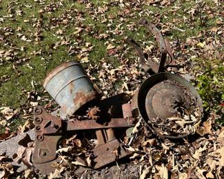 Vintage Iron Farm Equipment With Metal Hopper,