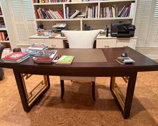 Terrace Desk with brass insert legs with contemporary off white desk chair